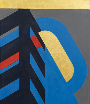 Das Bild zeigt eine abstrakte Acrylmalerei auf grauem Hintergrund mit Formen aus schwarz, blau, Gold und Rot. 